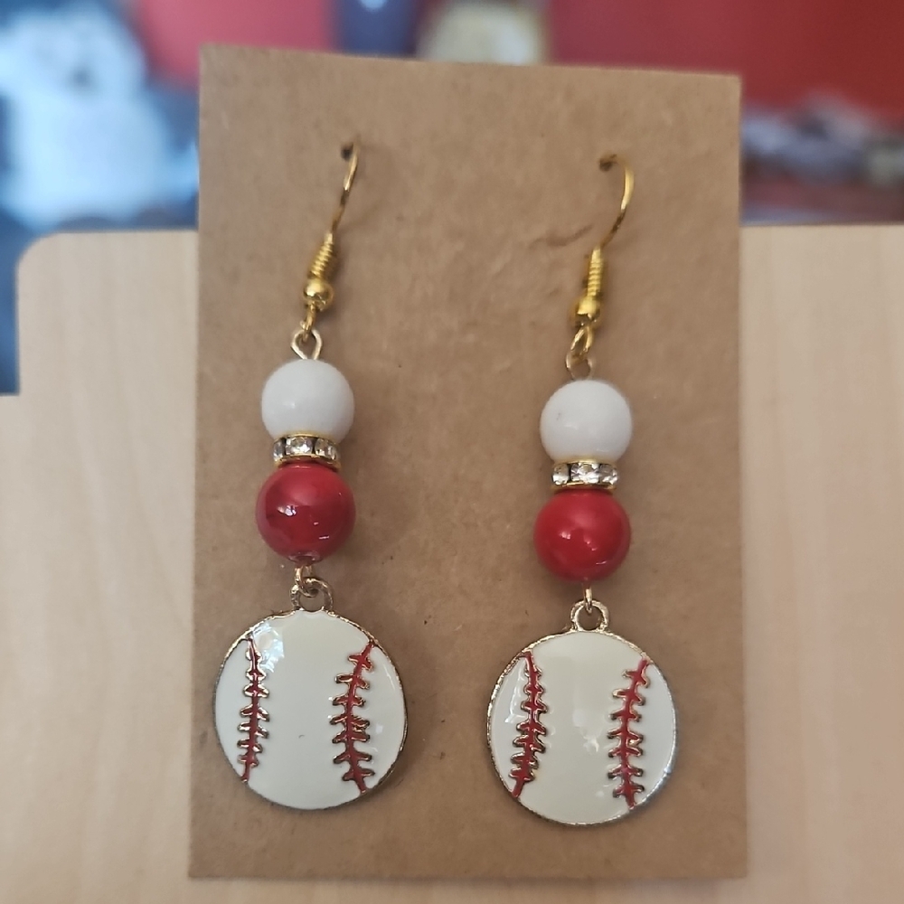 White and Red Baseball Earrings Metallic Lightweight Beads And Crystals